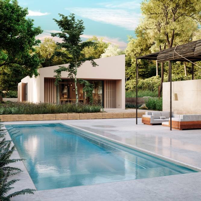 Pool mit Sitzecke daneben und modernen Poolhaus im Hintergrund